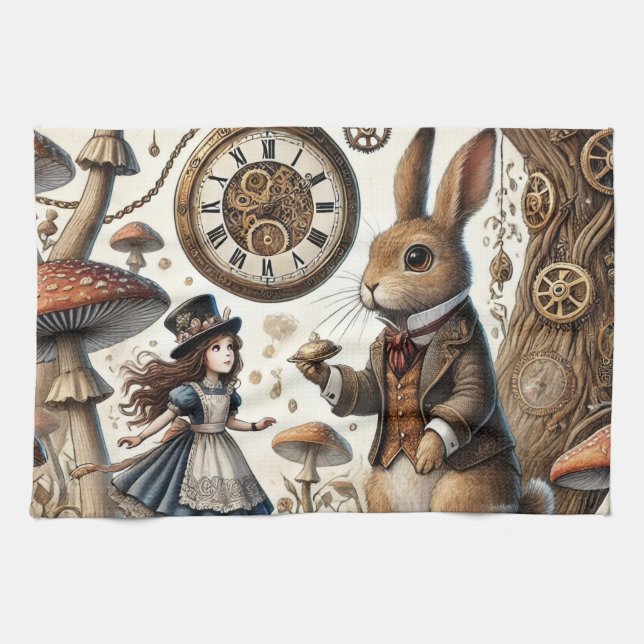 Alice in Wonderland White Rabbit tea Art Kitchen Towel (Horizontal)