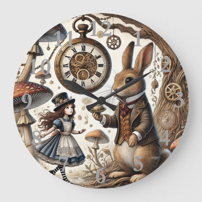 Alice in Wonderland White Rabbit tea Art Large Clock (Front)