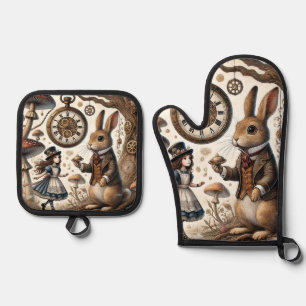 Alice in Wonderland White Rabbit tea Art Oven Mitt & Pot Holder Set