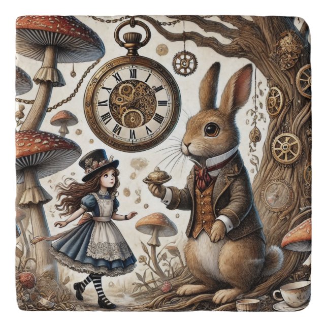 Alice in Wonderland White Rabbit tea Art Trivet (Front)