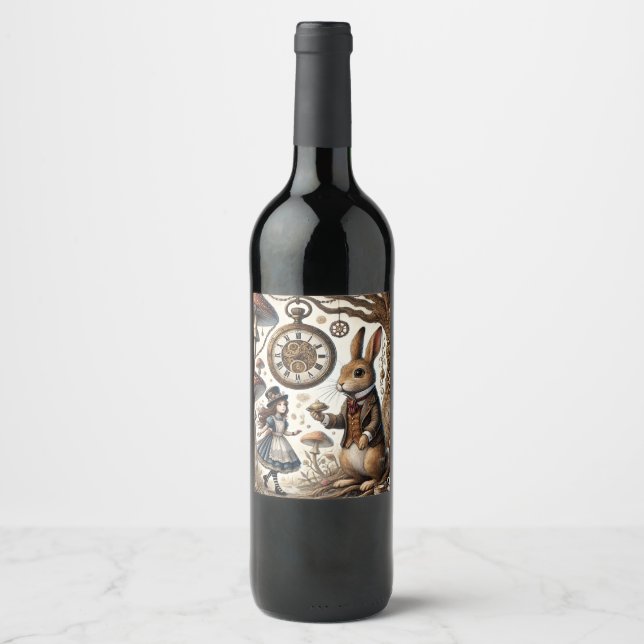 Alice in Wonderland White Rabbit tea Art Wine Label (Front)
