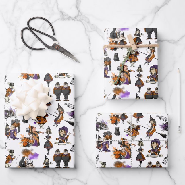 Alice In Wonderland Witches Rabbits Mad Hatter Wrapping Paper Sheets (Front)