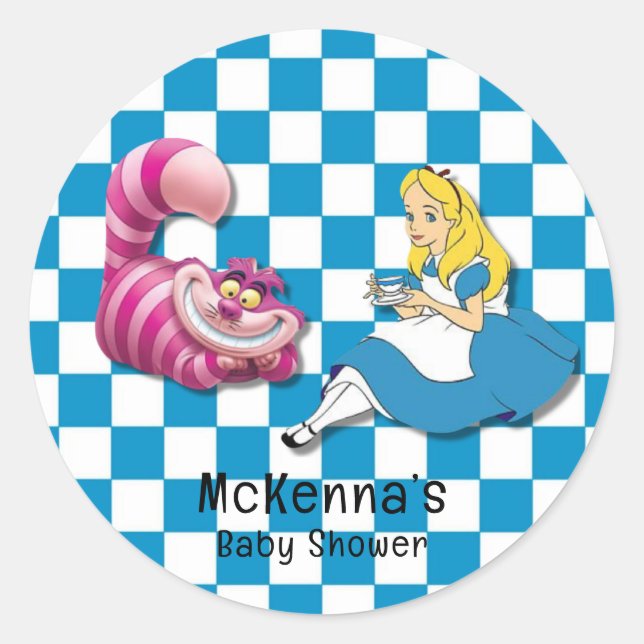 Alice in Wonderland With Cheshire Cat Baby Shower Classic Round Sticker (Front)