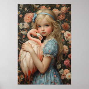 Alice in Wonderland with Flamingo Floral Poster