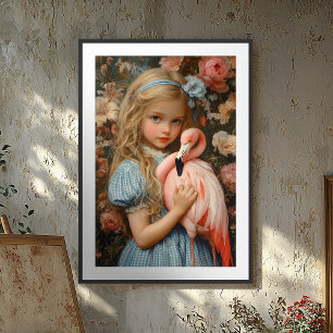 Alice in Wonderland with Flamingo Floral Poster