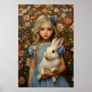 Alice in Wonderland with White Rabbit Floral Poster