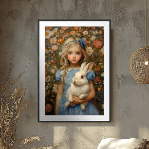 Alice in Wonderland with White Rabbit Floral Poster