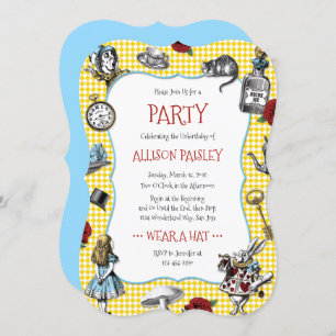 Alice in Wonderland Yellow Check Party Invitation