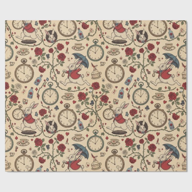 Alice inspired white rabbit, clocks and roses  wrapping paper (Flat)