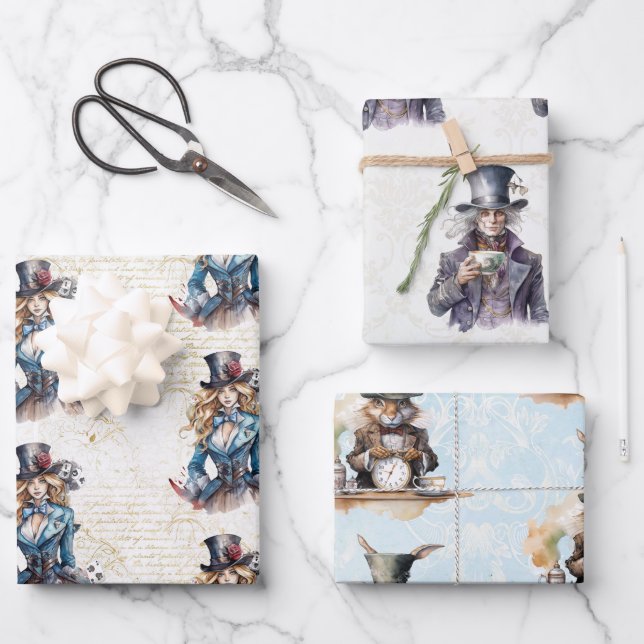 Alice, Mad Hatter and White Rabbit Wrapping Paper Sheets (Front)