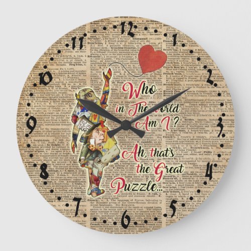 AliceMad Hatter Rabbit Vintage Collage Quote Large Clock