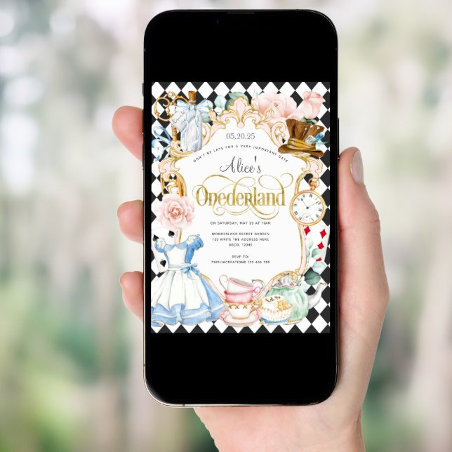 Alice mad hatter wonderland tea party 1st birthday invitation (Front Digital)