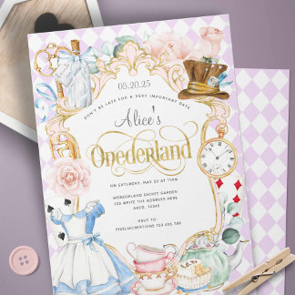 Alice mad hatter wonderland tea party 1st birthday invitation
