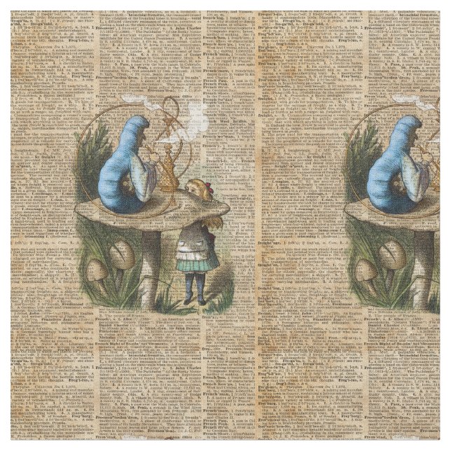 Alice,Mushroom and Jin,Vintage Dictionary Art Fabric (Close Up)