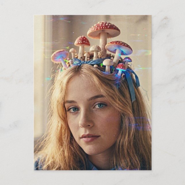 Alice Mushrooms on her Head Glitch Postcard (Front)