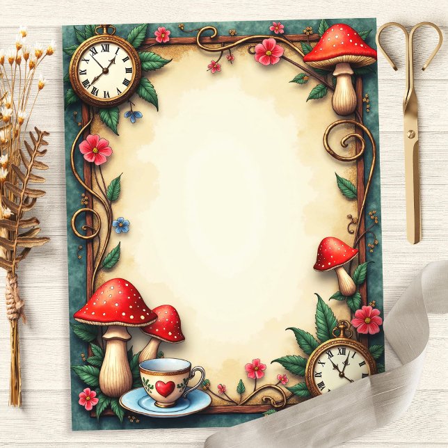 Alice Mushrooms Teacups and Clocks Scrapbook Paper (Creator Uploaded)