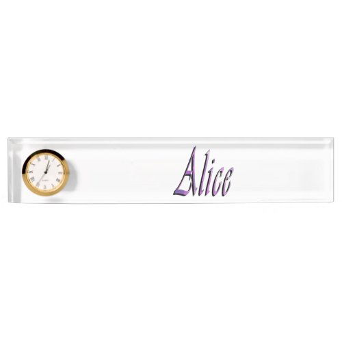 Alice Name Logo Desk Nameplate With Clock