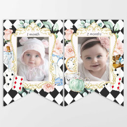 Alice Onederland, Girl 1st birthday montly photo Bunting Flags
