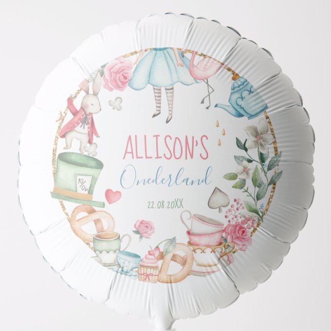 Alice Onederland Mad Tea Party Girl First Birthday Balloon (Front)