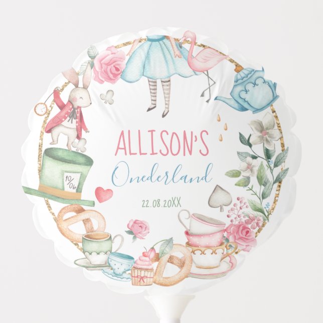 Alice Onederland Mad Tea Party Girl First Birthday Balloon (Front)