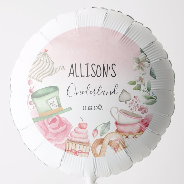 Alice Onederland Mad Tea Party Girl Pink Birthday Balloon (Front)
