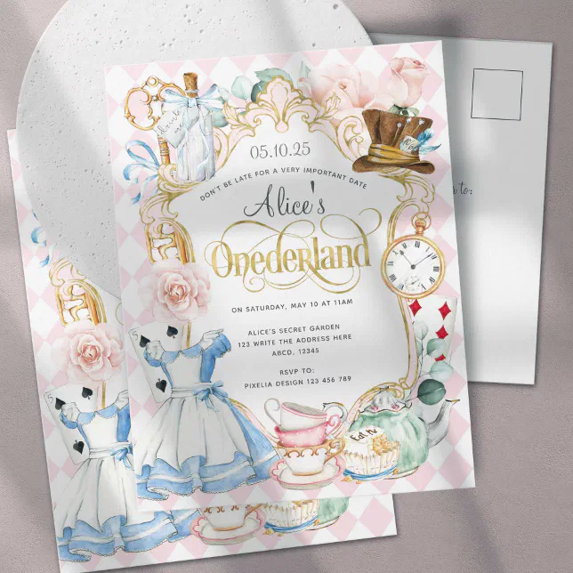 Alice Onederland tea party girl 1st birthday Invit Invitation Postcard ...