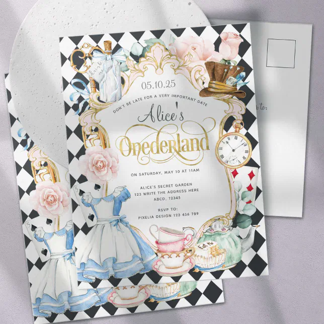 Alice Onederland tea party girl 1st birthday Invitation Postcard | Zazzle