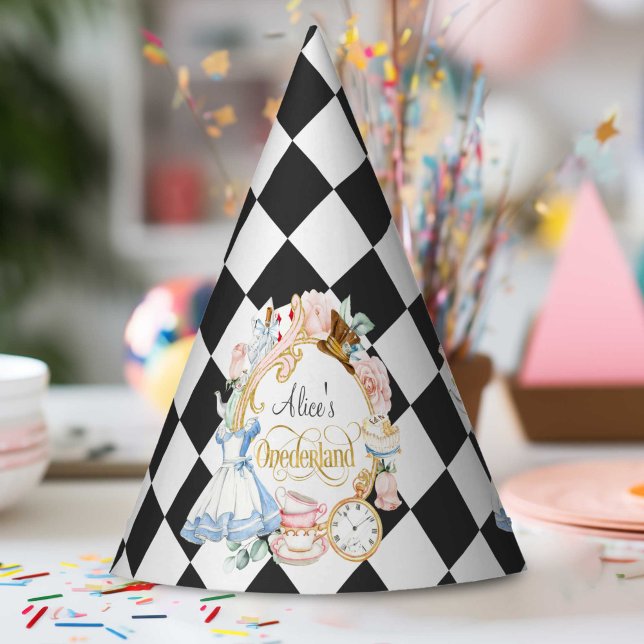 Alice Onederland, tea party, girl 1st birthday Party Hat (Alice onederland, cone birthday party hat.)