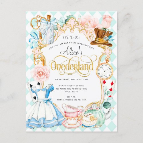 Alice Onederland tea party girl birthday invite