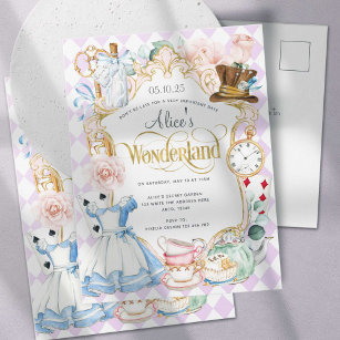 Alice onederland tea party girl first birthday invitation postcard