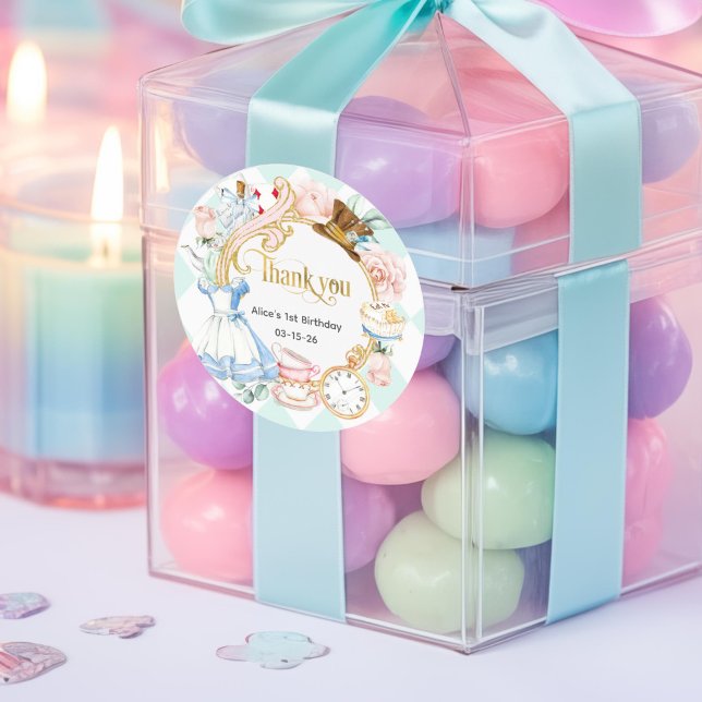 Alice Onederland, Teal, Thank you birthday favor Classic Round Sticker (Teal, Alice Onederland thank you sticker)