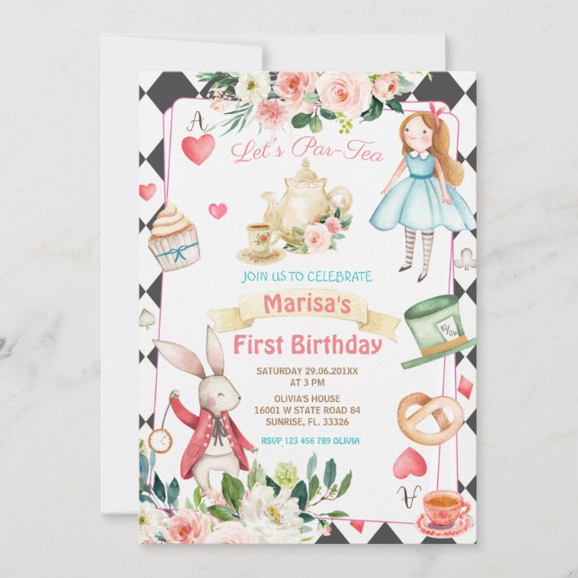 Alice Par-tea Floral Tea Birthday Girl  Invitation (Front)