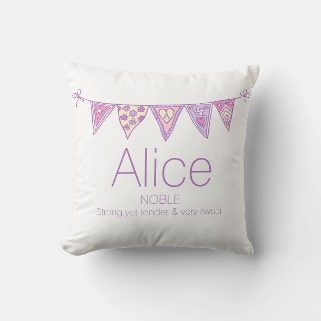 Alice personalized name bunting pink purple custom throw pillow (Front)