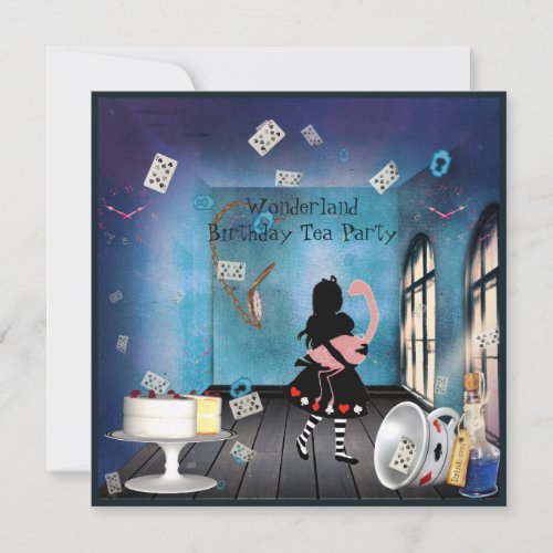 Alice &amp; Pink Flamingo Wonderland Birthday Party Personalized Announcements