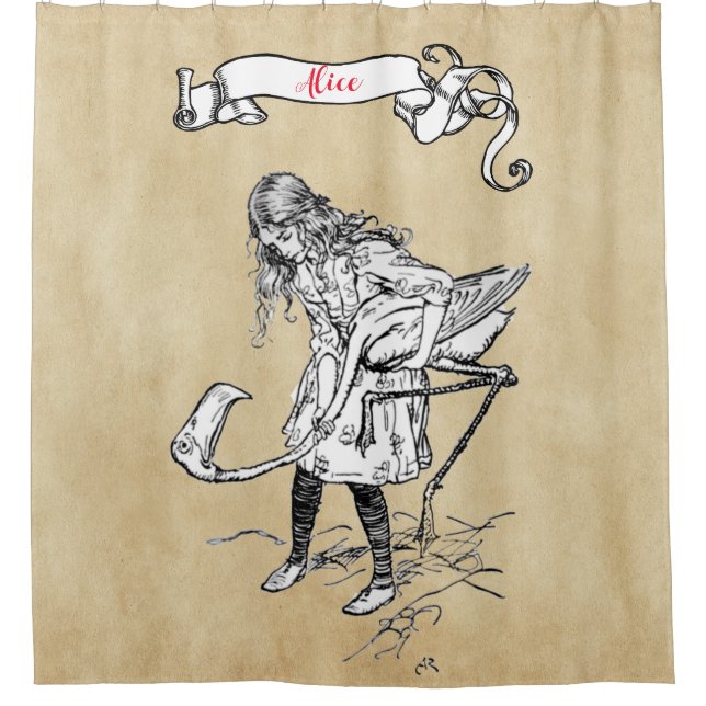 Alice playing croquet with a flamingo shower curtain (Front)