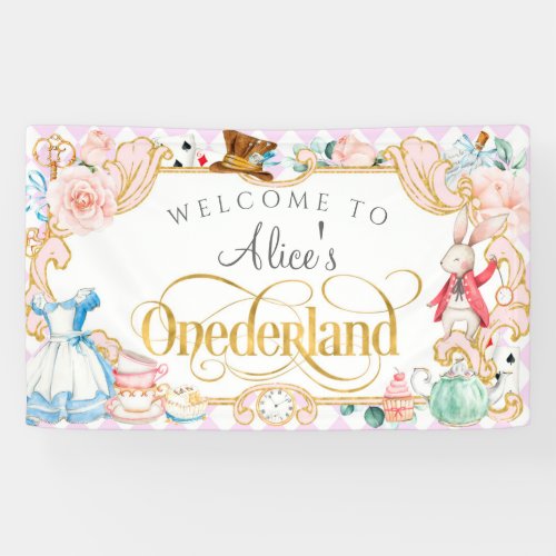 Alice tea party Onederland Girl first birthday  Banner