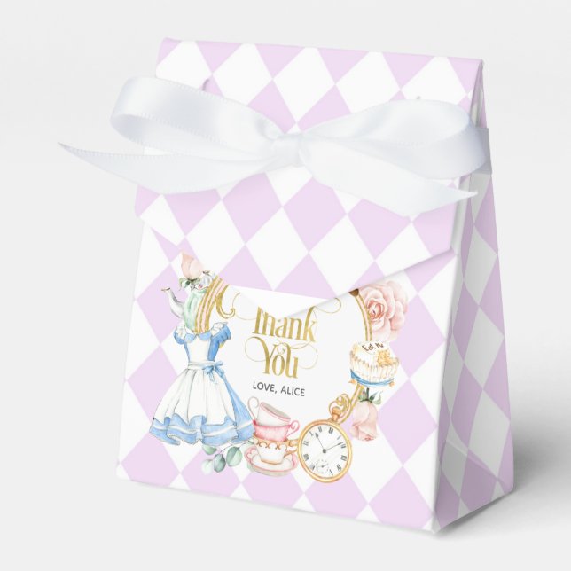 Alice tea party wonderland birthday purple favor boxes (Front Side)