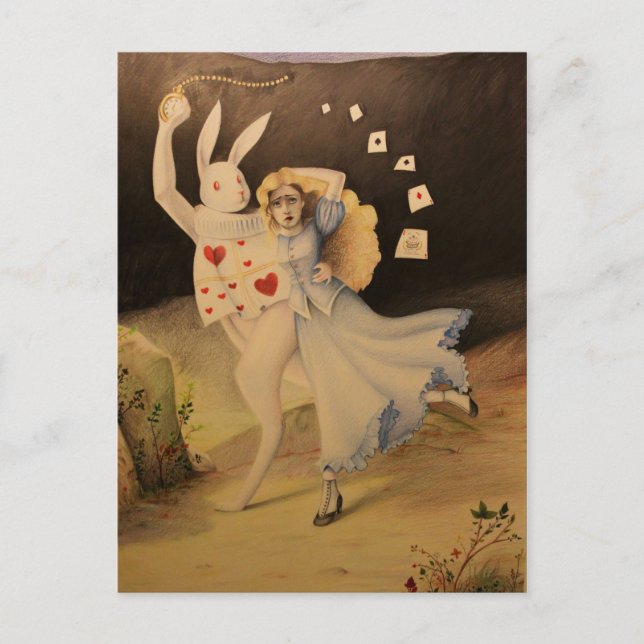 Alice & The Rabbit with Watch - Hand Sketch Postcard (Front)