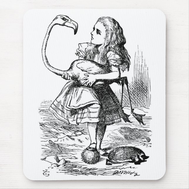 Alice trying to play croquet with a flamingo mouse pad (Front)