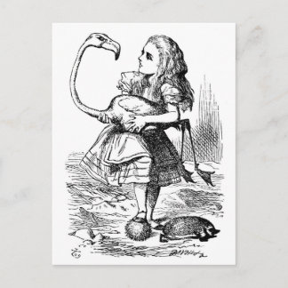 Alice trying to play croquet with a flamingo postcard