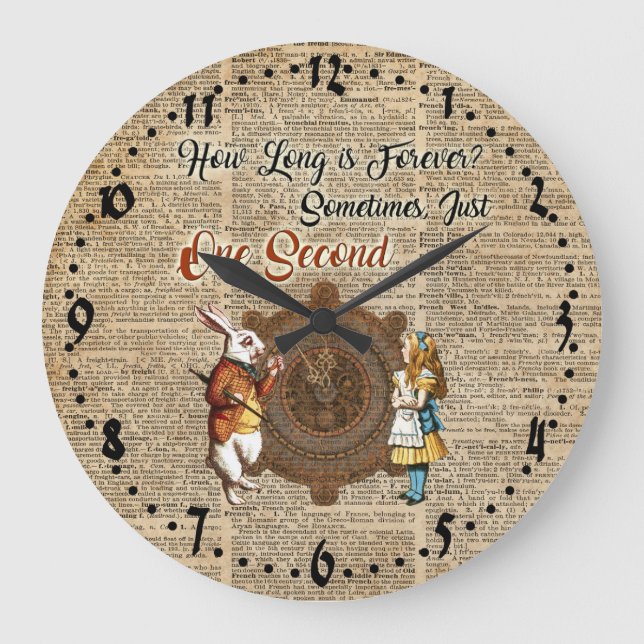 Alice & White Rabbit Vintage Dictionary Art Quote Large Clock (Front)