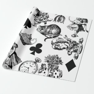 Alice in Wonderland White Rabbit & Red Queen Cat Wrapping Paper