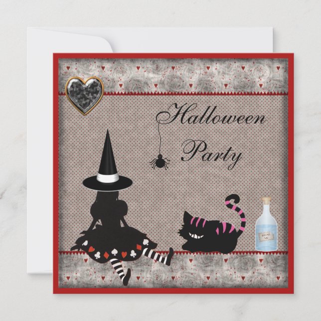 Alice Witch & Cheshire Cat Halloween Party Invites (Front)