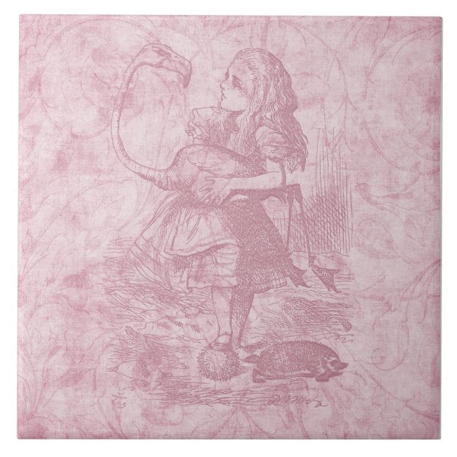 Alice with Flamingo Alice in Wonderland Floral Art Ceramic Tile (Front)