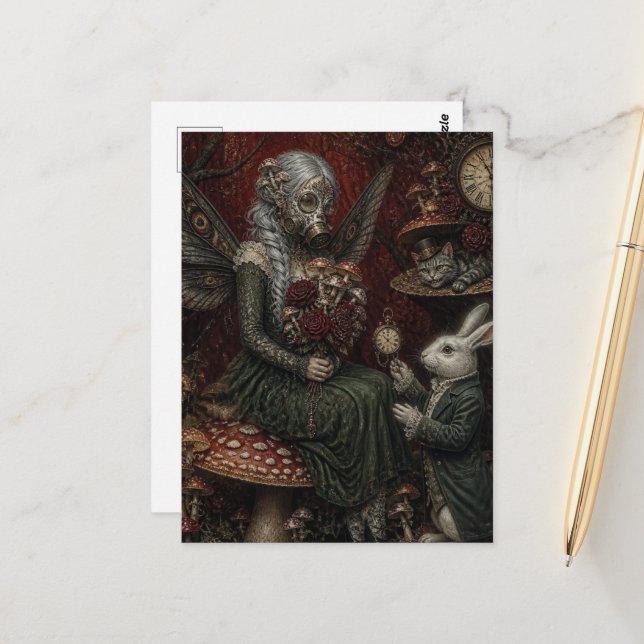 Alice With Grey Hair in Gas Mask With White Rabbit Postcard (Front/Back In Situ)