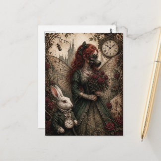 Alice With Red Hair in Gas Mask With White Rabbit Postcard