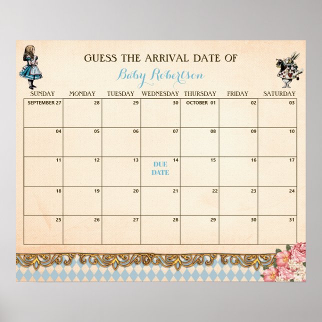 Alice Wonderland Baby Guess Due Date Calendar Poster (Front)