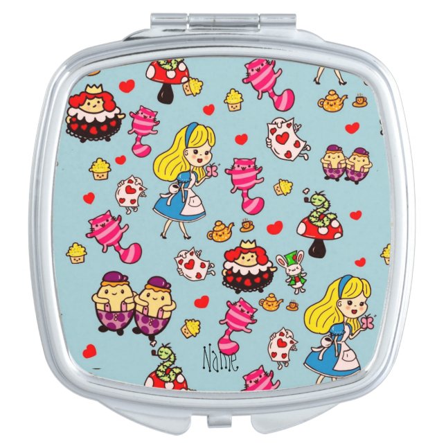 Alice Wonderland Mad Hatter Cat Doodle Art by Leah Makeup Mirror (Front)