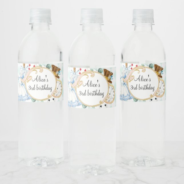 Alice Wonderland mad hatter tea party water bottle Water Bottle Label (Bottles)