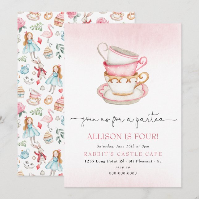 Alice Wonderland Par-Tea Girl Tea Birthday Party  Invitation (Front/Back)